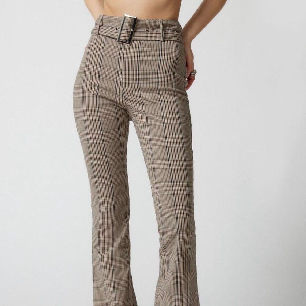 Daisy Street Flare Y2K Dress Pants L Clueless Plaid Brown Buckle Bootcut Retro